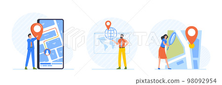Set Geolocation Concept with Tiny Male and Female Characters Searching Route and Looking on Map Online in App Set Geolocation Concept with Tiny Male and Female Characters Searching Route and Looking on Map Online in App 98092954
