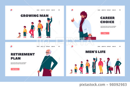 Men Life Landing Page Template Set. Stages of Man Growing, Aging Time Line. Male Character Life Cycle, Growth Men Life Landing Page Template Set. Stages of Man Growing, Aging Time Line. Male Character Life Cycle, Growth 98092983