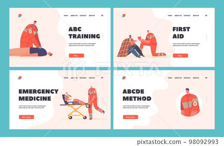 Rescuers First Aid Landing Page Template Set. Medics Pushing Person with Broken Hand on Stretchers, Emergency Vector 98092993