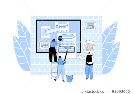 Billposters Sticking Paper Advertisement On Bulletin Board. Male Female Characters Posting Flyers On Announcement Board Billposters Sticking Paper Advertisement On Bulletin Board. Male Female Characters Posting Flyers On Announcement Board 98093000