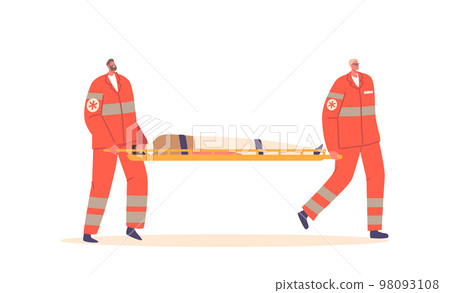 Couple of Medic Characters Carry Injured Person on Stretchers Isolated on White Background. First Aid, Help to Victim Couple of Medic Characters Carry Injured Person on Stretchers Isolated on White Background. First Aid, Help to Victim 98093108