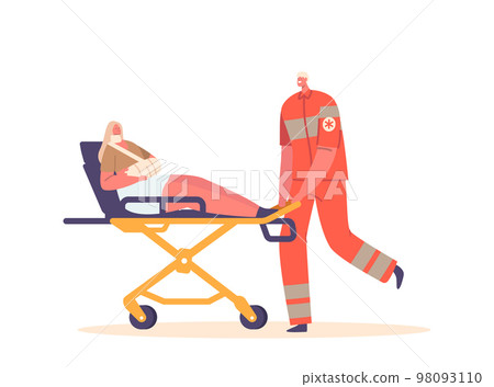 Medic Character Push Stretchers with Injured Person with Broken Hand on Isolated on White Background. First Aid Medic Character Push Stretchers with Injured Person with Broken Hand on Isolated on White Background. First Aid 98093110