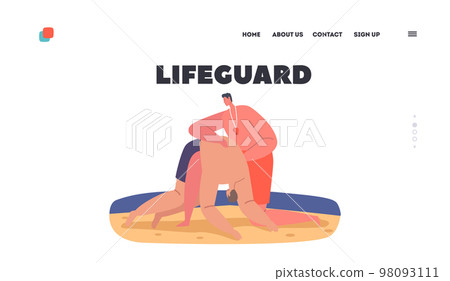 Lifeguard Landing Page Template. Man Rescuer Save Life to Victim on Ocean Beach. Character Help to Drowned Person Lifeguard Landing Page Template. Man Rescuer Save Life to Victim on Ocean Beach. Character Help to Drowned Person 98093111