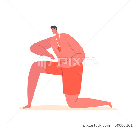 Beach Lifeguard Male Character Wear Red Shorts And Whistle Hanging On Neck Standing On Knee Isolated On White Background Beach Lifeguard Male Character Wear Red Shorts And Whistle Hanging On Neck Standing On Knee Isolated On White Background 98093161