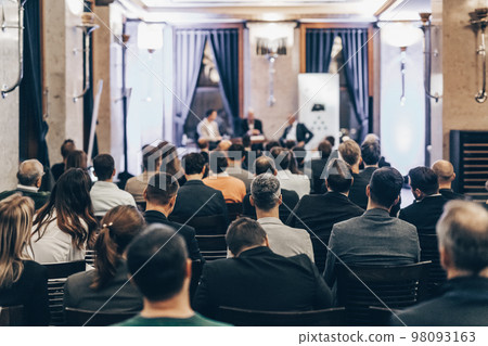 Round table discussion at business convention and Presentation. Audience at the conference hall. Business and entrepreneurship symposium. 98093163