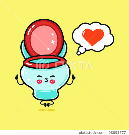 Cute funny toilet doing yoga with speech bubble. Vector hand drawn cartoon kawaii character illustration icon. Isolated on yellow background. Toilet in love character concept 98093777