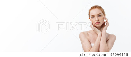 Beauty Woman. Beautiful Young Female touching Her Skin. Portrait isolated on White Background. Healthcare. Perfect Skin. Beauty Face 98094166