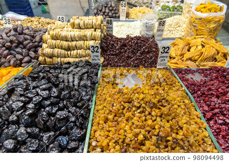 Dried fruits in market, Jerusalem, Israel Dried fruits in market, Jerusalem, Israel 98094498