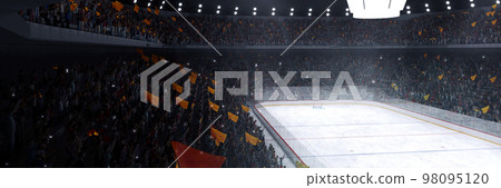 Side aerial view. 3D model of empty ice rink stadium arena for sport competition, championship. Stadium with filled lively stands with sports hockey fans. 98095120