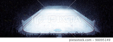 Aerial view. 3D model of empty ice rink stadium arena for sportive competition, championship. Stadium with filled stands with sports hockey fans. 98095149