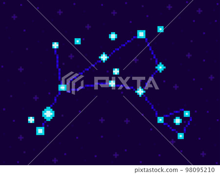 Bootes constellation in pixel art style. 8-bit stars in the night sky in retro video game style. Cluster of stars and galaxies. Design for applications, banners and posters. Vector illustration Bootes constellation in pixel art style. 8-bit stars in the night sky in retro video game style. Cluster of stars and galaxies. Design for applications, banners and posters. Vector illustration 98095210