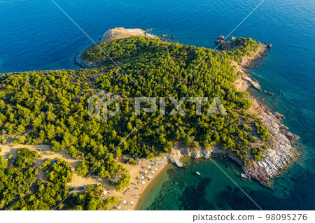Aerial drone view of beach umbrellas and sunbeds 98095276