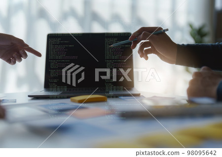 Group of UX UI or designers working to create content of mobile applications. Creative digital development agency concept 98095642