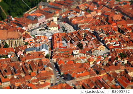 Aerial view of Brasov city in Romania. Tilt shift lens effect 98095722