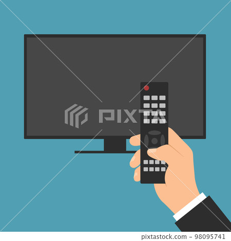 A male hand holds a remote control for TV, television set or a monitor and press a button, vector on a green background A male hand holds a remote control for TV, television set or a monitor and press a button, vector on a green background 98095741