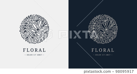 Vector linear plant logo. Circle luxury organic emblem. Abstract badge for natural products, flower shop, cosmetics, ecology concepts, health, spa, yoga center. Leaves and florals icon. Vector linear plant logo. Circle luxury organic emblem. Abstract badge for natural products, flower shop, cosmetics, ecology concepts, health, spa, yoga center. Leaves and florals icon. 98095917
