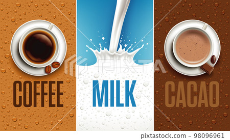 Top view coffee and cocoa cup, milk splash. Coffee and milk background with many fresh drops Top view coffee and cocoa cup, milk splash. Coffee and milk background with many fresh drops 98096961