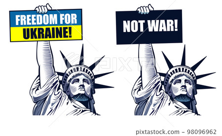 Statue Liberty holding text banner Freedom for Ukraine Statue Liberty holding text banner Freedom for Ukraine 98096962