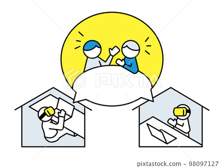 兩個人戴著 VR 眼鏡遠距離交談 兩個人戴著 VR 眼鏡遠距離交談 98097127