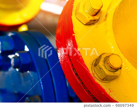 Close-up view of metal pipe connections. Industrial painting of metal parts. Wear-resistant all Close-up view of metal pipe connections. Industrial painting of metal parts. Wear-resistant all 98097349