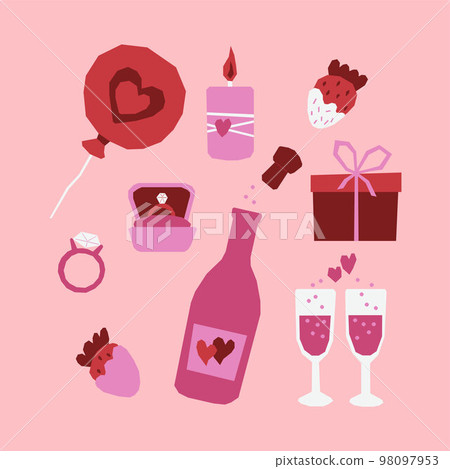 Valentines day bundle. Vector hand drawn collection of objects. A cute festive set of objects of pink and red color. Valentines day bundle. Vector hand drawn collection of objects. A cute festive set of objects of pink and red color. 98097953