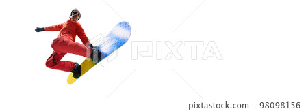 Portrait of active man, snowboarder in uniform riding on snowboard isolated over white studio background. Jump. Banner, flyer. Concept of winter sport, action, motion 98098156
