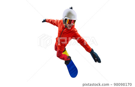 Portrait of active man, snowboarder in uniform riding on snowboard isolated over white studio background. Competiton. Concept of winter sport, action, motion 98098170