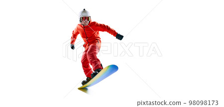 Portrait of active man, snowboarder in uniform riding on snowboard isolated over white studio background. Banner, flyer. Concept of winter sport, action, motion 98098173