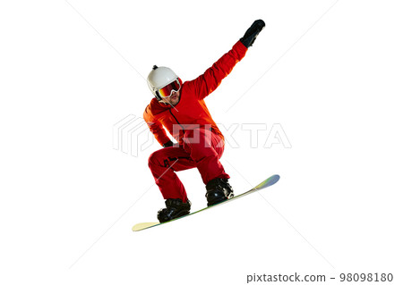 Portrait of active man, snowboarder in uniform riding on snowboard isolated over white studio background. High jump. Concept of winter sport, action, motion 98098180