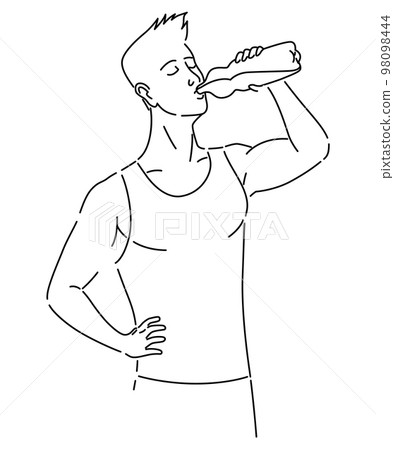 Benefits drinking water in coloring style. Healthy human body hydration, man with bottle drinks water. Healthcare drink illustration. Healthy Lifestyle concept 98098444