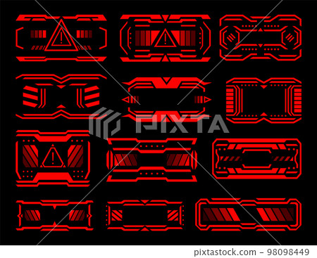 Hud danger alerts. Attention vector red interface signs, warning and caution UI. Tech and digital cyber frames. System failure or danger zone Hud danger alerts. Attention vector red interface signs, warning and caution UI. Tech and digital cyber frames. System failure or danger zone 98098449