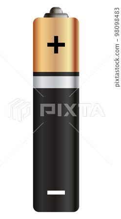 Battery. Glossy gold and black realistic alkaline or rechargeable battery. Design blank mockup template for branding. Vector graphic element, isolated on white 98098483