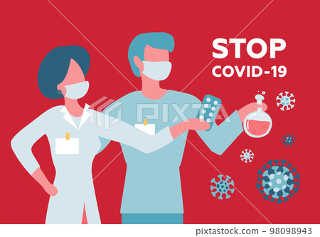 COVID-19 Wuhan Novel coronavirus 2019-nCoV, doctors woman and man with medical face mask. Concept of virus quarantine. Scientists with medicines for coronavirus in hands. Flat vector illustration. COVID-19 Wuhan Novel coronavirus 2019-nCoV, doctors woman and man with medical face mask. Concept of virus quarantine. Scientists with medicines for coronavirus in hands. Flat vector illustration. 98098943