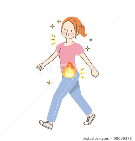 一位通過步行燃燒脂肪的年輕女性的形象插圖 98099378