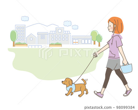 Illustration of a young woman walking her dog in the park 98099384