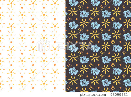 Nursery seamless patterns, set of 2. Hand drawn doodle design, cloud, sun, star shapes. Diagonal, vertical geometrical grid background. Tender pastel baby color palette 98099581