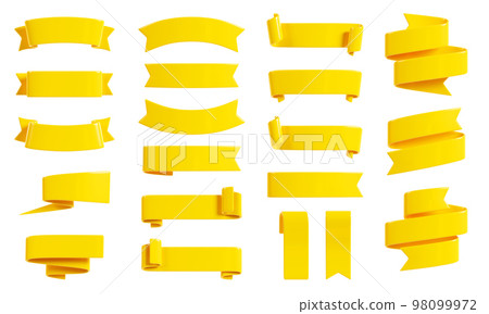 Ribbon banner 3d render set - collection of yellow glossy text box for sale or discount promotion sign. 98099972