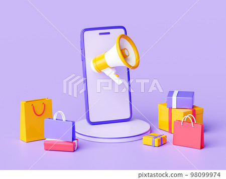 Online shopping sale announcement - 3d render laptop with loudspeaker , shopping bags and gift boxes. 98099974