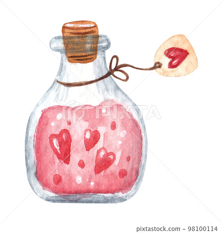 Hand drawn watercolor bottle with love poison. Symbol of romance, love, valentine day for cards, stickers, logo, invitations Hand drawn watercolor bottle with love poison. Symbol of romance, love, valentine day for cards, stickers, logo, invitations 98100114