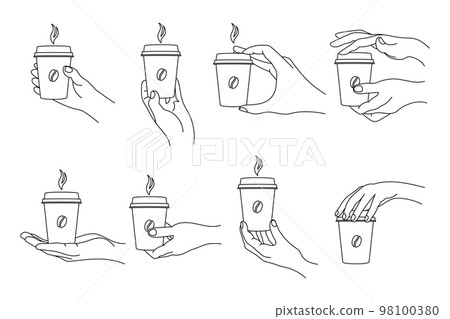 Line art, different hand gestures with a glass of coffee. Design elements, icons, templates, vector Line art, different hand gestures with a glass of coffee. Design elements, icons, templates, vector 98100380