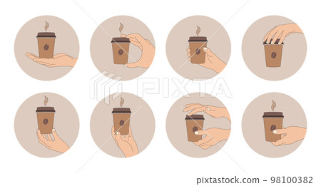 Coffee icons set, hand gestures with a glass of coffee. Design elements, icons, templates, vector Coffee icons set, hand gestures with a glass of coffee. Design elements, icons, templates, vector 98100382