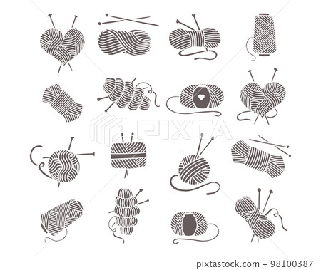 Knitting icons set, balls of yarn, skeins, knitting needles and hook. Hobby concept. Hand drawn design elements, vector Knitting icons set, balls of yarn, skeins, knitting needles and hook. Hobby concept. Hand drawn design elements, vector 98100387