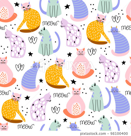 Cute colorful hand drawn cats with abstract decor.  98100400