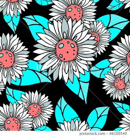 seamless white and blue pattern of decorative sunflowers on a black background, texture, design 98100540