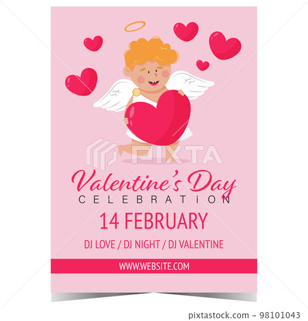 Valentine's Day celebration invitation with cute cupid and red hearts on pink background. Vector illustration of banner, poster or invitation card for the Feast of Saint Valentine on February 14. Valentine's Day celebration invitation with cute cupid and red hearts on pink background. Vector illustration of banner, poster or invitation card for the Feast of Saint Valentine on February 14. 98101043
