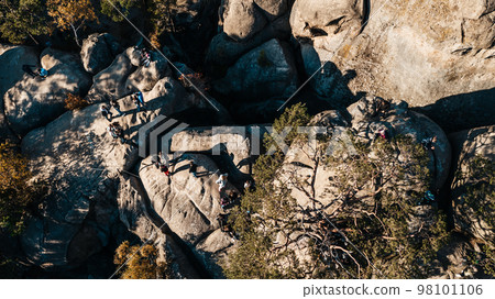 View of the Dovbush rocks from the mountain, a beautiful autumn landscape and a view of the Ukrainian nature reserve of the Dovbush rocks. 98101106