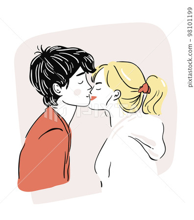 Romantic kiss of young blonde girl with ponytail and man. Line doodle illustration. Valentine's day minimalism drawing 98101199