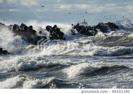 Coastal storm in the Baltic Sea, big waves crash against the harbor breakwater, breaking wave 98101200
