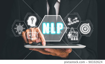 NLP natural language processing cognitive computing technology concept, Business person using digital tablet with VR screen NLP icon, AI Artificial intelligence. NLP natural language processing cognitive computing technology concept, Business person using digital tablet with VR screen NLP icon, AI Artificial intelligence. 98102624