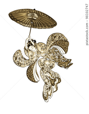 Ukiyo-e Kimono beauty flying with an umbrella Part 2 Gold version 98102747